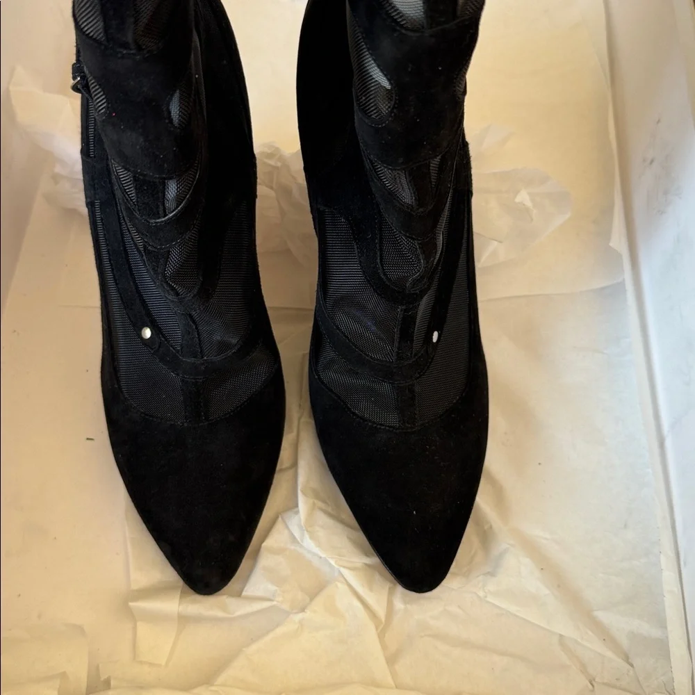 Brian Atwood black suede mesh thigh high over knee OTK boot zipper sz 38.5